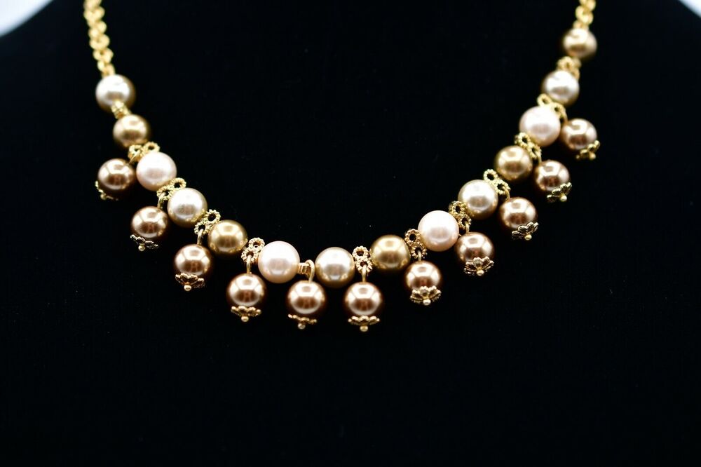 Monet Vintage Collar Necklace Imitation Pearl Beaded Gold Mauve Dangle 90s BinK